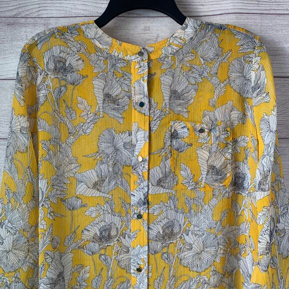 Liz Claiborne Yellow Sketch Floral Blouse Sheer Long Roll Tab Sleeves Size L - Picture 4 of 16